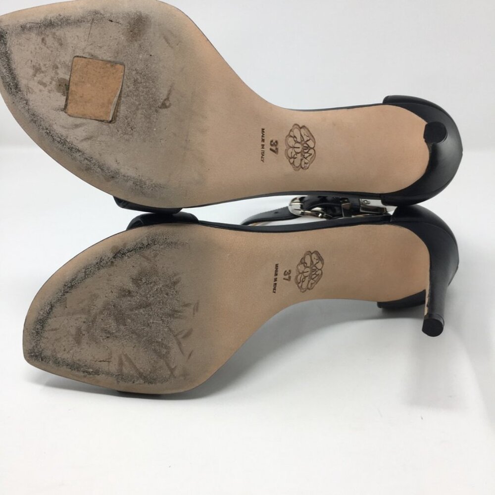 Alexander McQueen 4" Heels Medieval Buckle Sandal Size 37 Black Leather - Picture 11 of 16